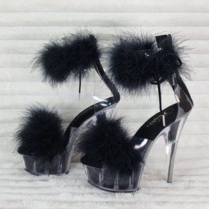 Black Furry Marabou Feather 6" High Heel Platform Shoes